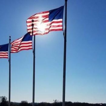 Three American flags on flagpoles flutter in the wind against a clear blue sky. The sun shines brightly, partially obscured behind one of the flags, creating a glowing effect. A landscape with trees is visible in the distance at the bottom of the image, reminiscent of planning for your 401k beneficiaries' future.