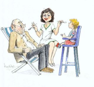 A man sits in a deck chair, observing the scene as a woman stands with a spoon and fork, feeding their child who is seated in a highchair. This depiction perfectly encapsulates the sandwich generation, balancing caring for both young children and overseeing family activities.