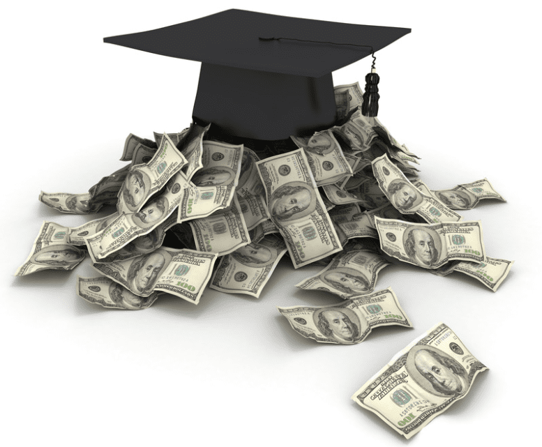 A graduation cap rests on top of a large pile of U.S. hundred-dollar bills, signifying the cost or value of education and highlighting the importance of educational savings plans.