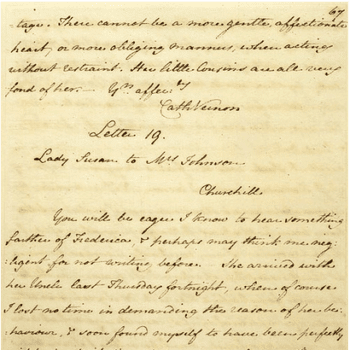 A handwritten legacy letter on aged paper. The script is cursive and neatly penned, with some slight ink fading. The top portion reads "Letter 19," followed by "Lady Susan to Mrs. Johnson." More text follows below, starting with "Churchill.