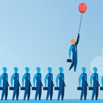Illustration showing eight people in business suits walking in line. One person breaks away, holding a red balloon, and floats above the others, suggesting innovation or thinking outside the box amid discussions of the secure act. All characters carry briefcases against a blue background.