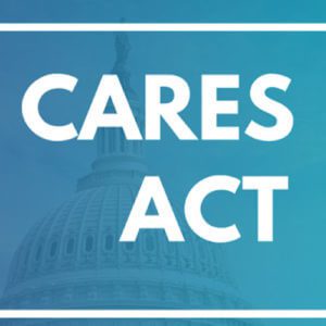 A blue-toned image featuring the words "CARES ACT" in bold white letters, centered on top of a faded depiction of the U.S. Capitol dome, framed by white borders, highlighting support for business owners.