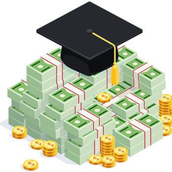 A graduation cap with a gold tassel sits atop stacks of green dollar bills bound with red elastic bands. Gold coins are scattered around the base of the bills, signifying the financial aspects of education and 529 plans.