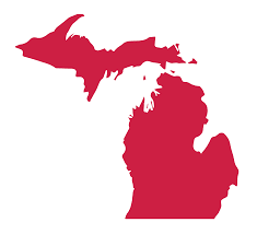 Illustration showing the shape of the U.S. state of Michigan, highlighted in red. The state is divided into two main landmasses: the upper and lower peninsulas, separated by water and connected by the Mackinac Bridge. The image background is white, featuring a subtle MESP watermark.