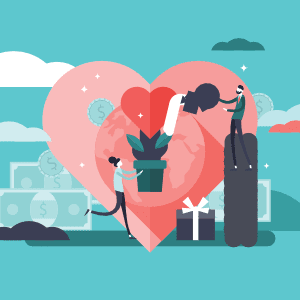 Illustration of two people nurturing a plant with a heart-shaped background. One person is holding a potted plant, while the other is watering it. The background features money, gift boxes, and a globe, symbolizing financial planning for nonprofits, growth, love, and generosity.