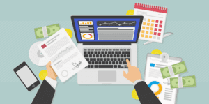 Illustration of a person working at a desk with a laptop, surrounded by documents, charts, stock options, money, a phone, and a calendar. The person is typing on the laptop, indicating they are managing finances or working on data analysis.