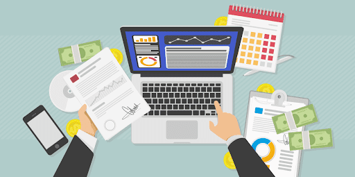 Illustration of a person working at a desk with a laptop, surrounded by documents, charts, stock options, money, a phone, and a calendar. The person is typing on the laptop, indicating they are managing finances or working on data analysis.