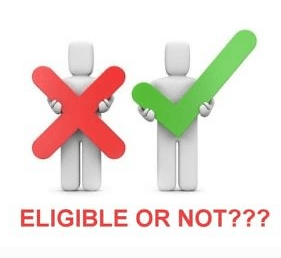 Two 3D human figures are depicted; the one on the left holds a red X, while the one on the right holds a green checkmark. Below them, text reads "ELIGIBLE OR NOT???" suggesting a comparison or decision-making scenario regarding eligibility.