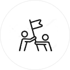 A simple black and white icon of two stick figures holding up a flag together. One figure is standing while the other seems to be raising the flag. The image is enclosed within a circular border.