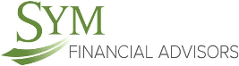 The image shows the logo of SYM Financial Advisors. The logo features "SYM" in large green letters with a stylized green swoosh underneath. Below, in smaller grey text, are the words "FINANCIAL ADVISORS.