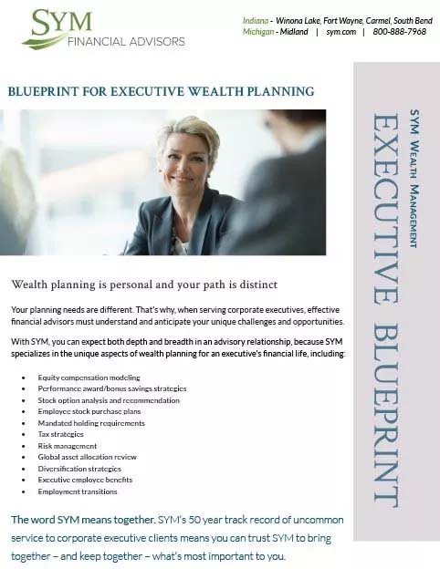 A financial advisor brochure features an image of a professional woman smiling at her desk. The heading reads, "Blueprint for Executive Wealth Planning." The brochure includes contact information and outlines the firm's services, focusing on customized wealth management solutions.