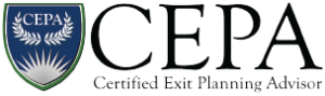 CEPA logo with a shield on the left containing the letters "CEPA" and white laurel branches above a sunburst design, accompanied by the text "CEPA Certified Exit Planning Advisor" on the right.