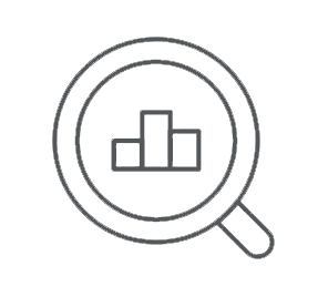 A magnifying glass icon with a bar chart inside, depicted using simple lines. The chart inside the magnifying glass consists of three vertical bars of varying heights, symbolizing data analysis or statistical examination.