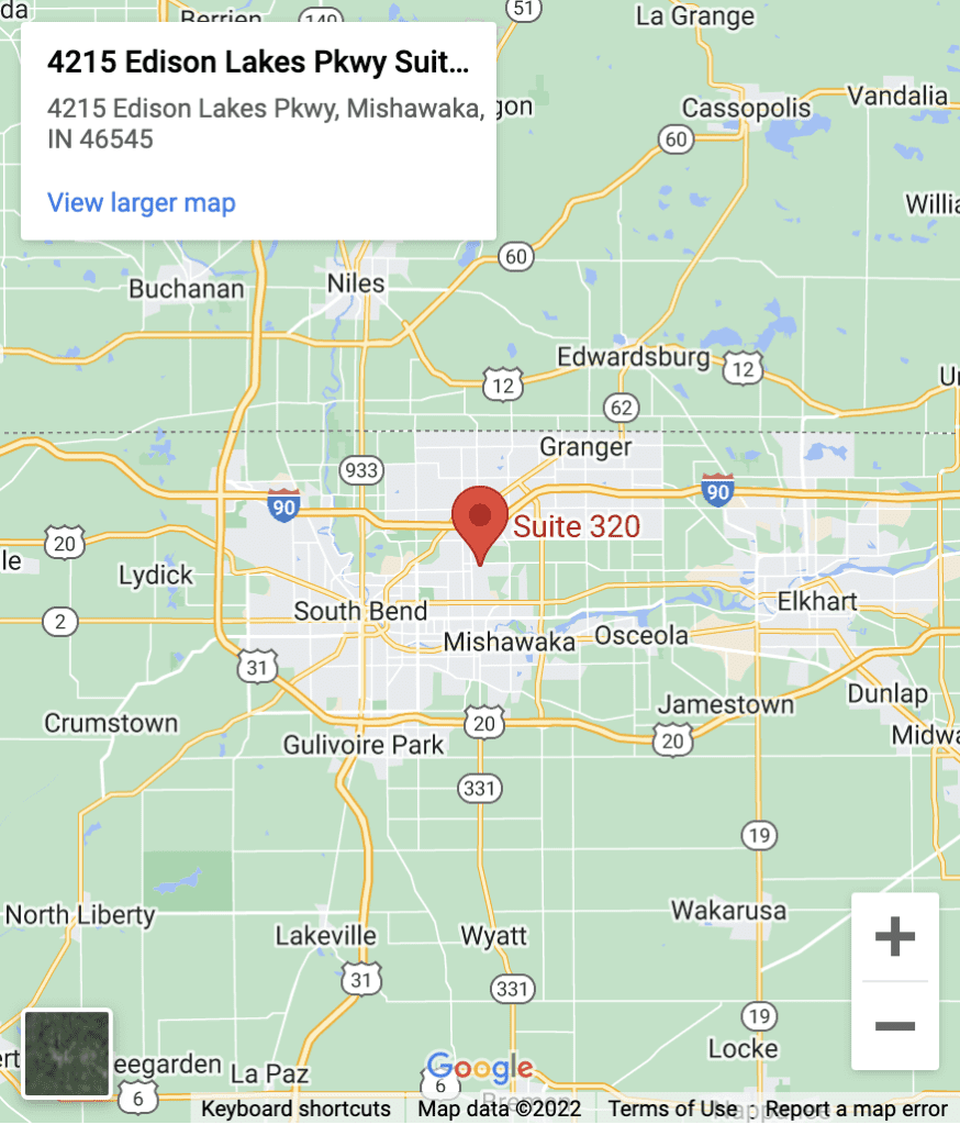 A map showing the location of Suite 320 at 4215 Edison Lakes Parkway, Mishawaka, Indiana, marked by a red pin. The map includes surrounding areas such as South Bend, Osceola, Elkhart, and neighboring towns, with highways and major roads visible.