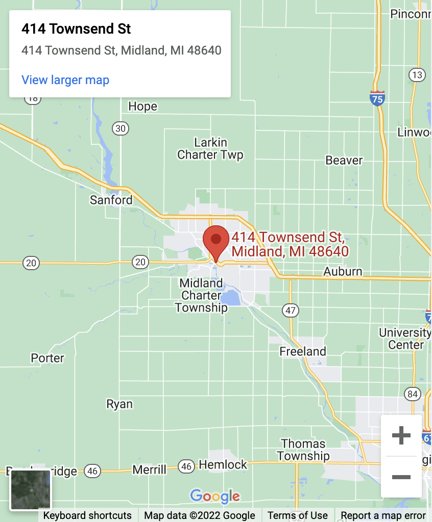 A Google Maps view centered on 414 Townsend St, Midland, MI 48640, marked with a red location pin. The map shows surrounding areas, including Midland Charter Township, Larkin Charter Township, and nearby counties. A link to view a larger map is present.