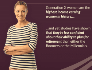 A woman in a striped shirt stands with arms crossed, smiling. Text on the image states that Gen X women are the highest-income earning women in history but feel less confident about their retirement planning compared to Boomers and Millennials.