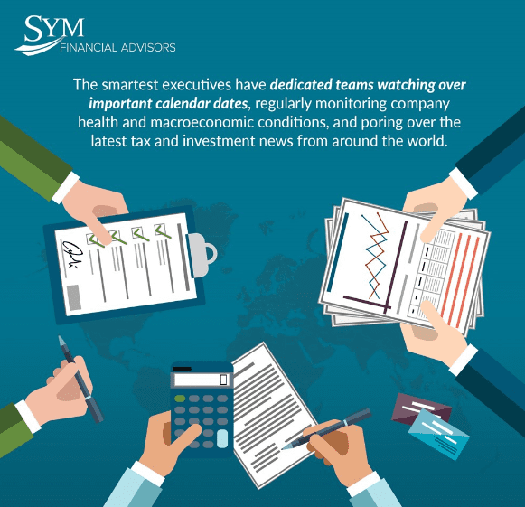 Illustration of four people working at a table, representing a team of financial advisors. One is holding a clipboard with graphs, another has sheets of data, a third has a calculator, and the fourth is using a tablet. The text discusses smart executive practices.