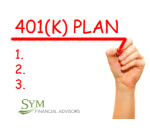 A hand writes "401(K) PLAN" in red marker on a whiteboard. Below the text are the numbers 1, 2, and 3, indicating a list. The SYM Financial Advisors logo, with green text and a leaf graphic, is displayed at the bottom left, promoting their expertise in 401k plans for business.