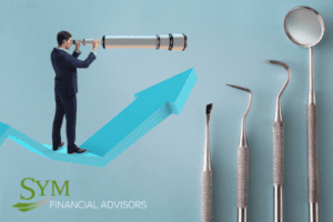A person in a business suit looks through a telescope while standing on a rising arrow, symbolizing growth. Dental tools are aligned on the right side, representing financial planning for dentists. The logo for "SYM Financial Advisors" is in the bottom left corner on a teal background.