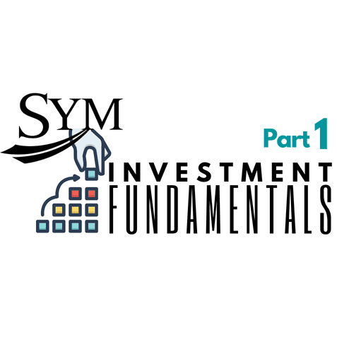 A logo with the text "SYM Investment Fundamentals Part 1." The design includes an illustrated hand placing blocks in a grid, suggesting the concept of building or organizing investments.