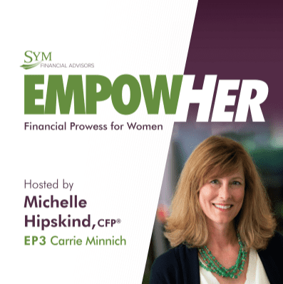 Promotional graphic for the "EmpowHER: Financial Prowess for Charitable Women" podcast by SYM Financial Advisors, hosted by Michelle Hipskind, CFP. The image features the title and episode number (EP3 Carrie Minnich) on the left side and a photo of a smiling woman on the right side.