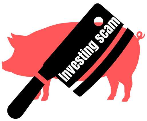 A graphic of a red pig silhouette with a black meat cleaver overlapping it diagonally. The butcher's cleaver has the words "Investing scam" written on its blade, symbolizing a financial and cyber scam targeting investors.