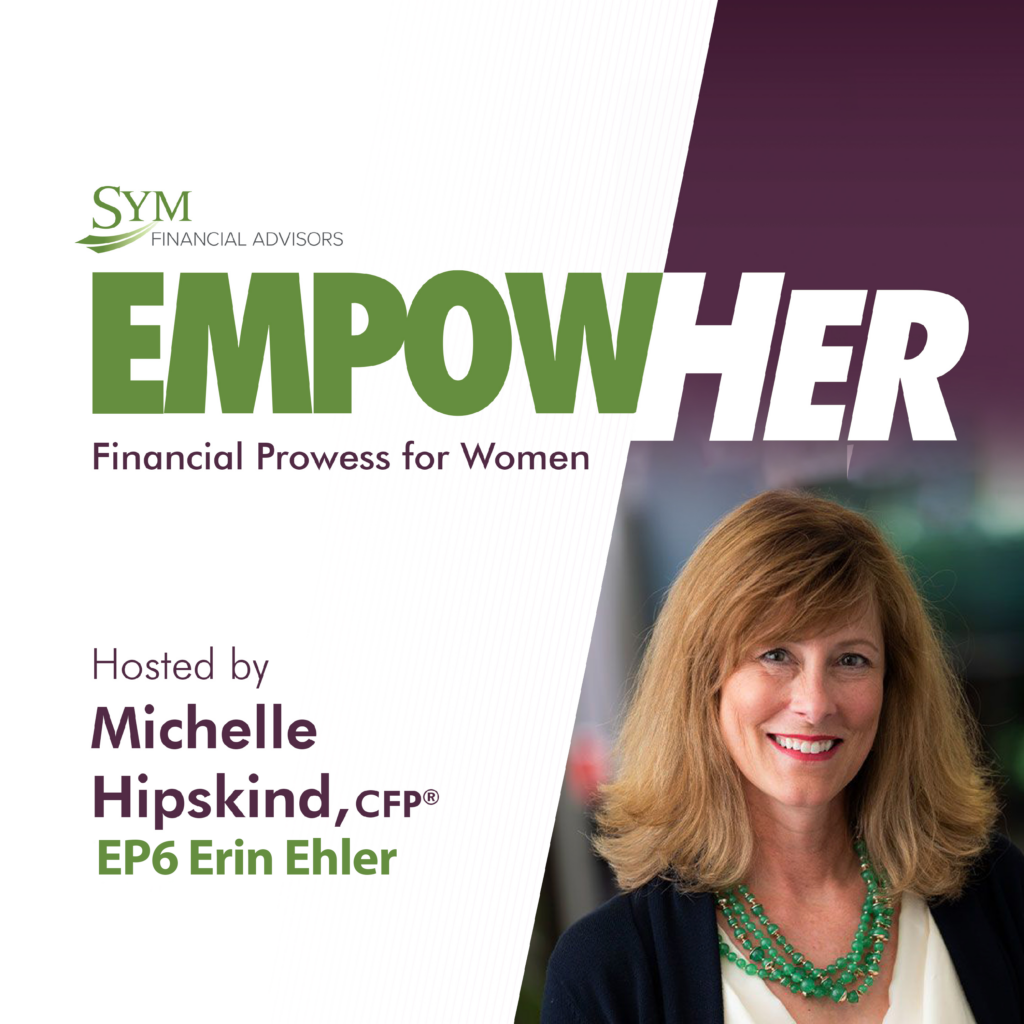 A promotional graphic for "EMPOWHER: Financial Prowess for Women," hosted by Michelle Hipskind, CFP®. The guest for Episode 6 is Erin Ehler. Featuring a photo of a smiling woman with shoulder-length blonde hair and a green necklace, this episode highlights financial tips for softball athletes.