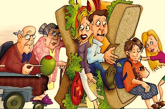 A humorous cartoon showing a family, representing the sandwich generation, squeezed between two large slices of bread and various sandwich fillings. An elderly couple, a woman in a wheelbarrow, a frantic couple, a young boy, and a girl are all hilariously packed together inside the giant sandwich.