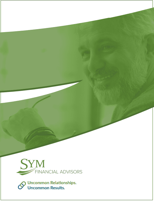 Green-tinted image of a smiling man with a beard, beside the text "SYM Financial Advisors" and the slogan "Uncommon Relationships. Uncommon Results." The design features curved lines and a modern layout.