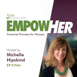 A promotional graphic for the podcast "EMPOWHER: Financial Prowess for Women," hosted by Michelle Hipskind. The background features a gradient from white to purple with Michelle Hipskind's photo on the right, smiling, wearing a green necklace and a dark blazer. Topics include planning for pets.