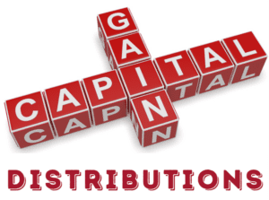 A crossword puzzle made of red and white cubes features the words "CAPITAL" horizontally and "GAIN" vertically intersecting at the letter "A." Below the puzzle, the phrase "FUND DISTRIBUTIONS" is displayed in red, bold, stylized text.