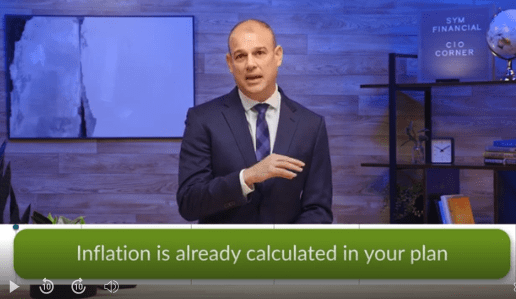 A man in a suit is giving a presentation in a room with wooden walls and shelves filled with books and decorative items. A text overlay at the bottom of the image reads, "Inflation is already calculated in your plan.