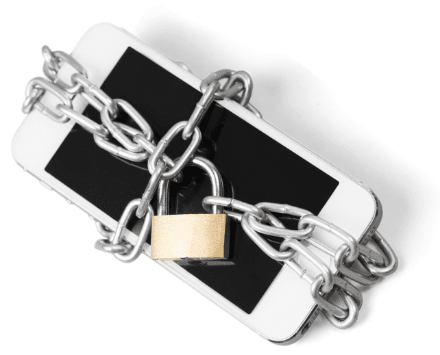 A smartphone wrapped in thick metal chains secured with a brass padlock, symbolizing restricted cell phone access or data protection. The phone is placed on a white background.