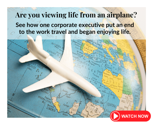 A toy airplane rests on a globe, with text overlay that reads, "Are you viewing life from an airplane? See how one corporate executive put an end to the work travel and began enjoying life." At the bottom right, there is a red "WATCH NOW" button.