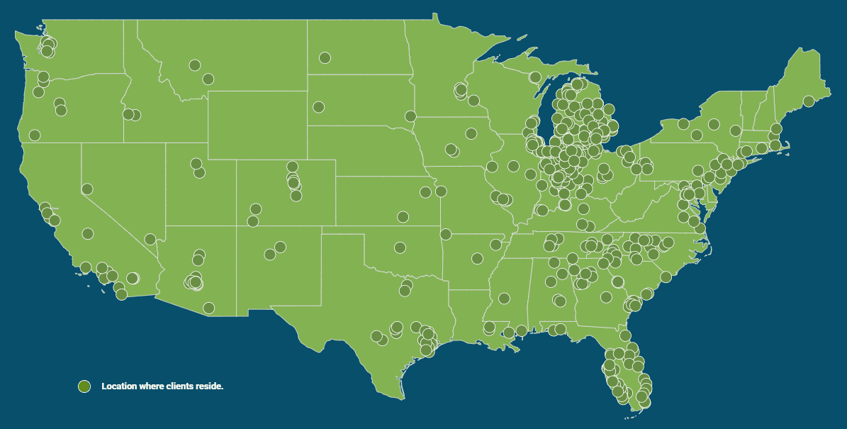 SYM Financial Advisors, an independent, commission-free fiduciary with 55+ years of serving clients: Map of the United States showing dots for over 2500 clients served by SYM Financial Advisors across the country.