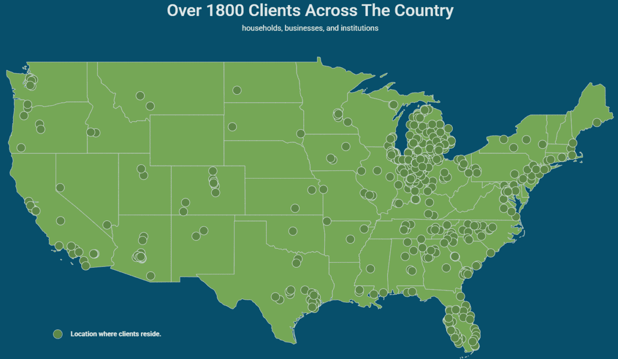 a blue and green map of the USA that plots the 1800 locations where clients reside