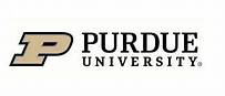 logo has a Gold 'P" and the words Purdue University in black