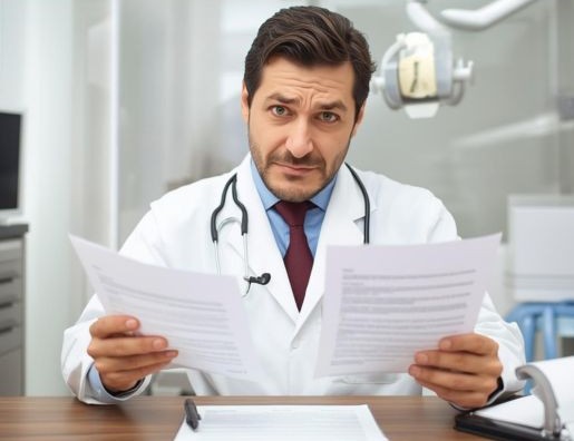A dentist in a white coat with a brown mustache and beard doing paperwork looking perplexed