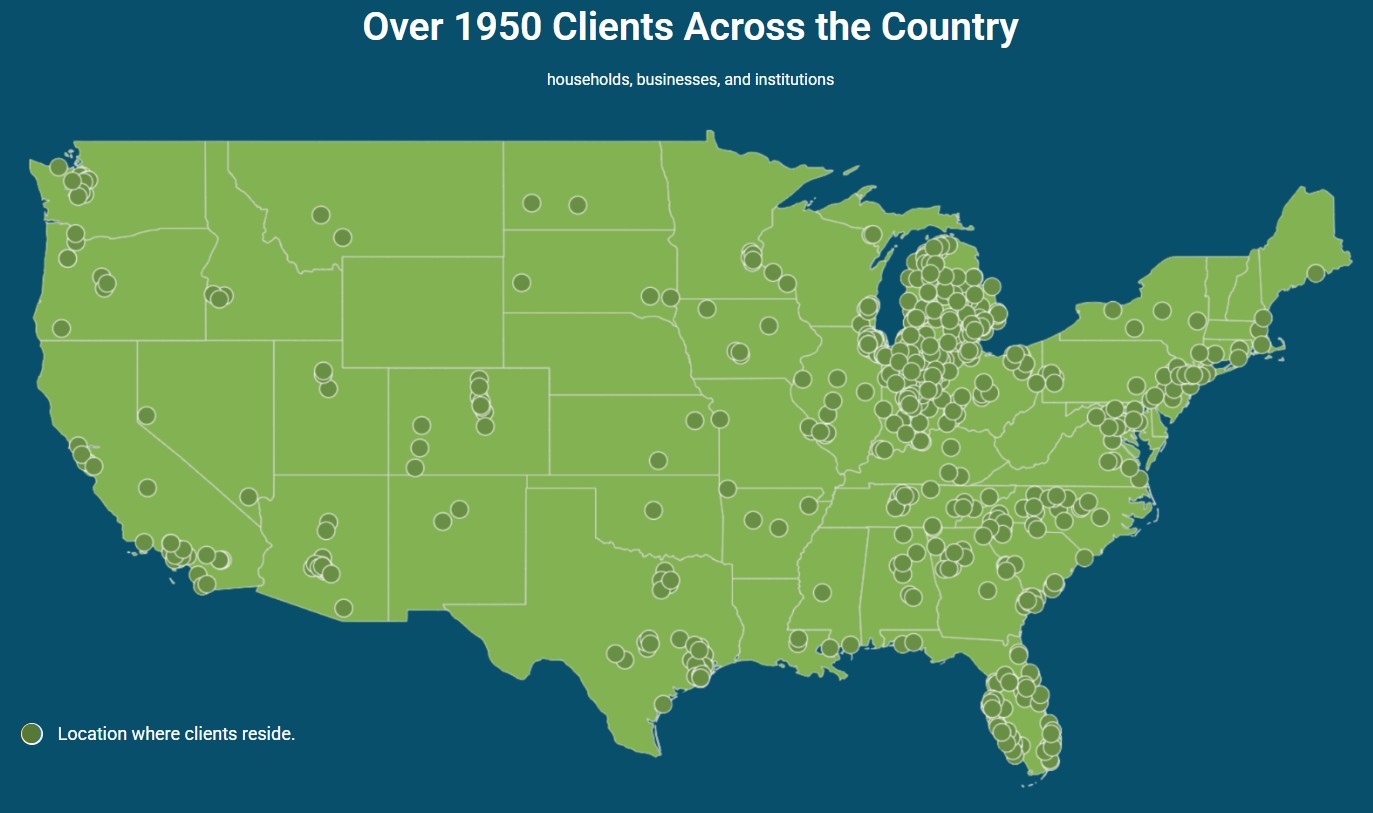 blue background with green map of the USA containing dots depicting where clients reside