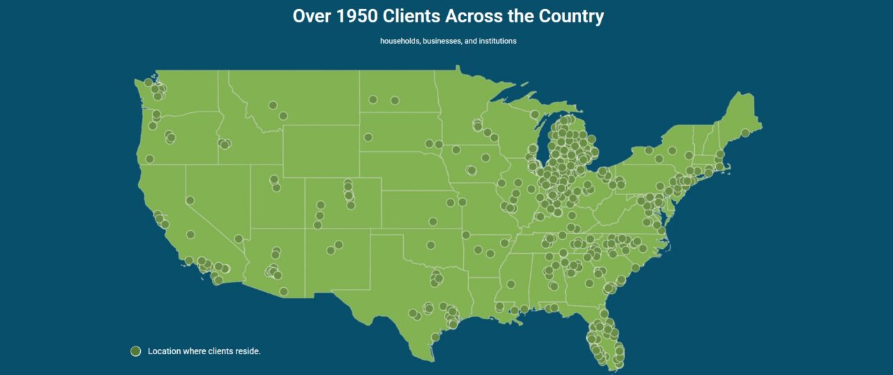 blue background with a green map of the US showing over 1950 clients plotted on it