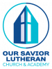 logo of Lutheran church that includes a blue church drawing