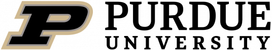 Logo of Purdue University, featuring the word "Purdue" in black, bold uppercase letters and "University" in smaller, uppercase letters below it, with both words set against a white background and including the iconic gold "P" beside the words