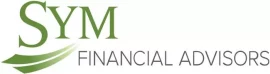 Logo for SYM Financial Advisors featuring the text "SYM" in large green font and "FINANCIAL ADVISORS" in smaller gray font. There is a graphic of two green, swooping lines beneath "SYM." The background is white.