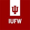 The image features the logo of Indiana University Fort Wayne (IUFW). It has a red background with a white vertical stripe in the middle. The Indiana University trident logo is positioned at the top, and the abbreviation "IUFW" is written below the trident.