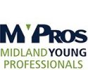 Logo for Midland Young Professionals (MYPROS). The text "MYPROS" is in large, dark blue letters with a green triangle accent within the 'Y.' Below, "MIDLAND YOUNG PROFESSIONALS" is written in green and blue uppercase letters.
